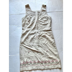 Linen Shift Dress Size 14 Tan Sleeveless Embroidered Floral Lined Square Neck